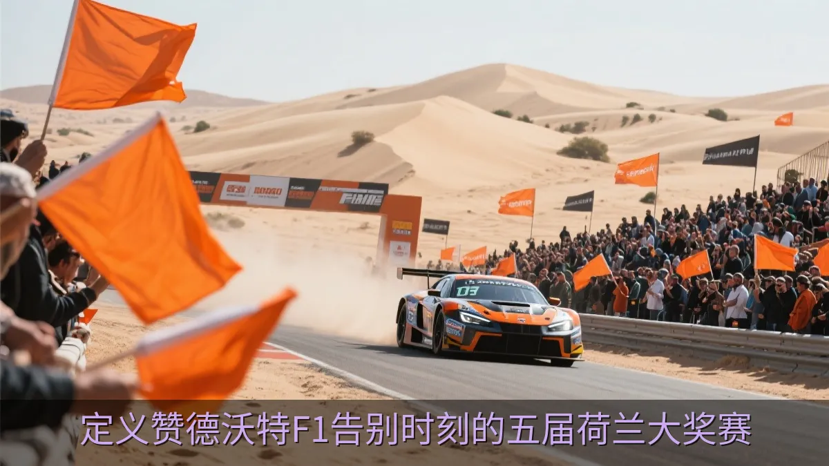 现代开放式赛车在沙丘赛道上冲过终点,观众席充满橙色旗帜